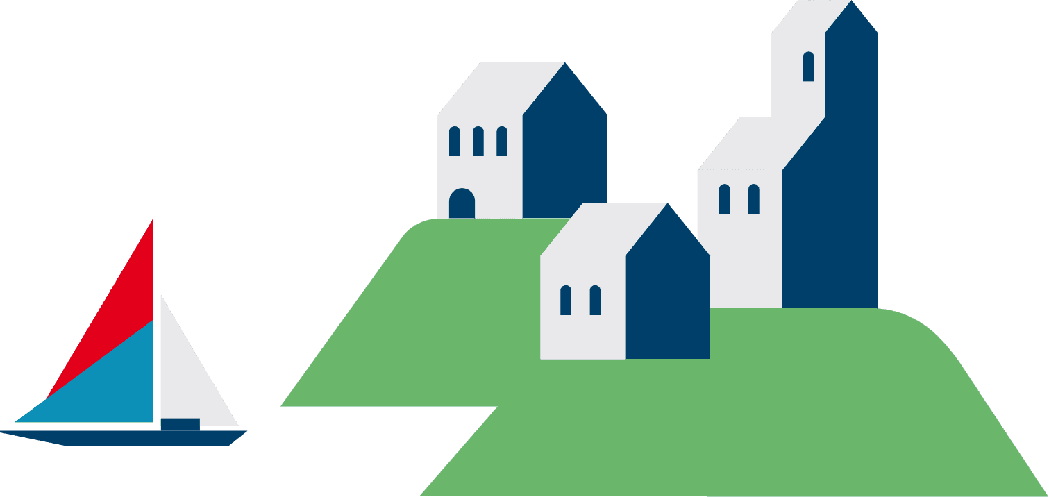 illustration of a sailboat and a city on a hill